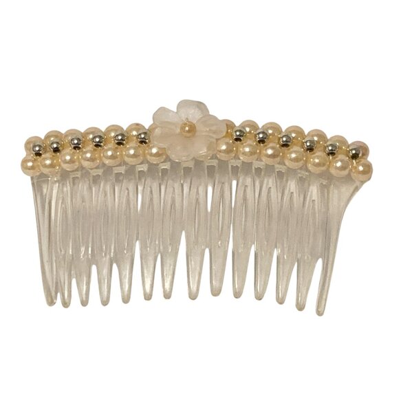 Vintage Cream White Pearl Beaded Flower Side Hair Comb 80s 90s Bridal Communion - Picture 1 of 11